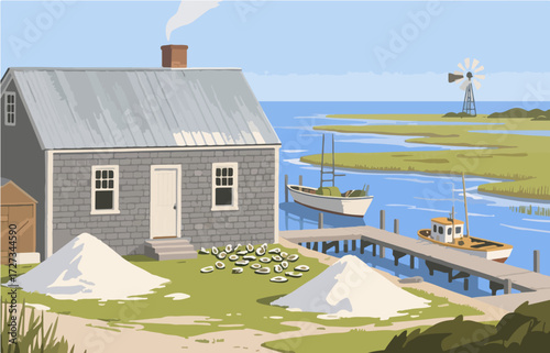American style rural residential architecture and scenery, vector graphics
