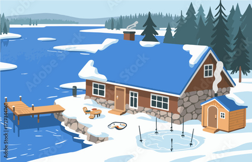 American style rural residential architecture and scenery, vector graphics