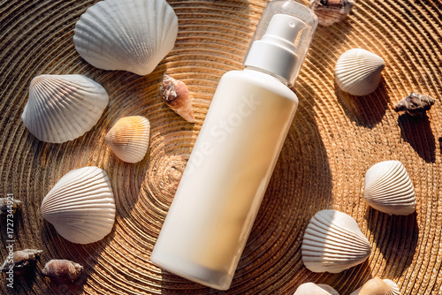 A sleek cosmetic pump bottle is surrounded by white seashells on a textured circular mat, creating a natural, elegant, and summer-themed skincare product scene