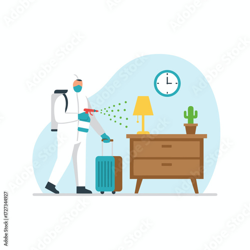 Illustration of a cleaning service concept, showing a cleaner disinfecting the room