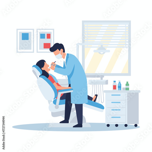 A female dentist holds instruments while examining a female patient's teeth inside her mouth, with the patient lying in a dental chair for a teeth examination and dentistry checkup, depicted in a