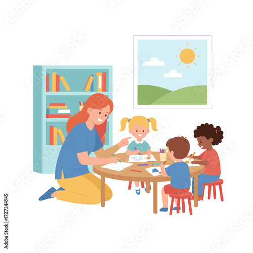 Vector illustration concept of a playschool teacher instructing children in painting, presented as a flat image set against a white background