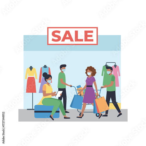 A vector illustration concept of shoppers wearing masks in a mall