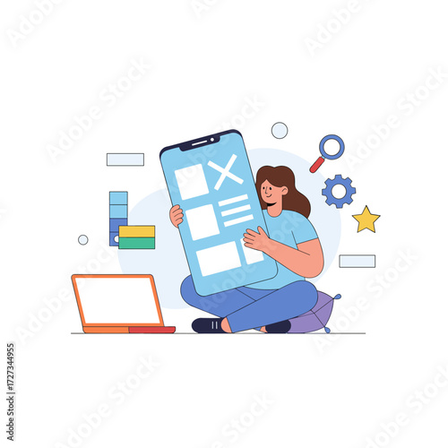 A UI/UX designer is crafting a new smartphone app, acting as the architect of our digital world with flat, modern vector illustration in vibrant colors