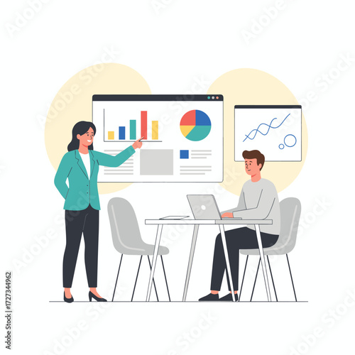 The team members examine dioramas and graphics, offering expertise in data analysis, business statistics, management, consulting, and marketing