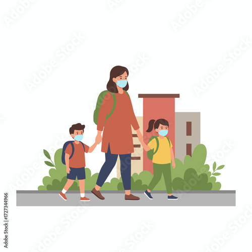 A mother and her children, all wearing masks, stroll down the street in a vector illustration style