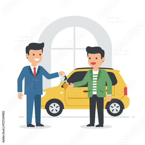Employees wholesale car keys to a buyer at the showroom, depicted as a vector illustration concept