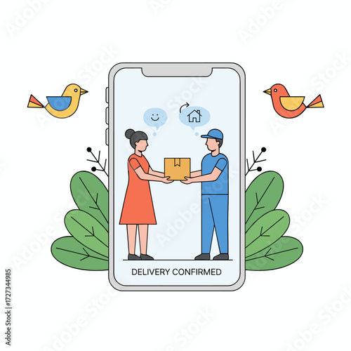 Parcel delivered to the door; the courier shows a box containing the recipient's vector illustration concept