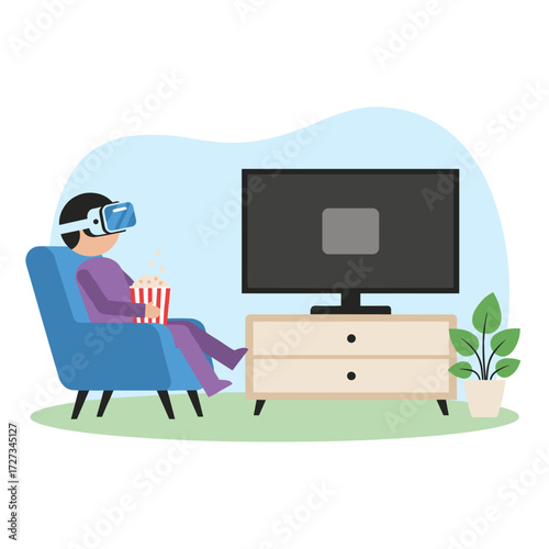 Illustration concept of a man watching a video with virtual reality, presented as a flat illustration on a white background