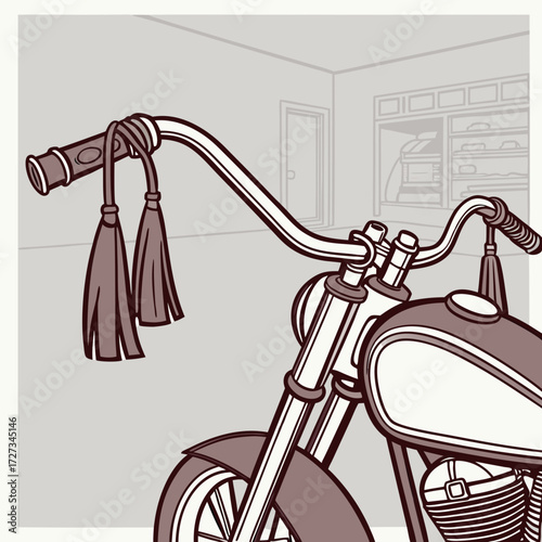 Vintage Motorcycle Handlebars with Brown Leather Tassels in a Garage