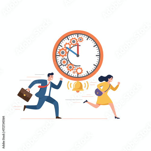 Illustration concept of a businessman and businesswoman running toward work against the backdrop of an old clock, with people rushing
