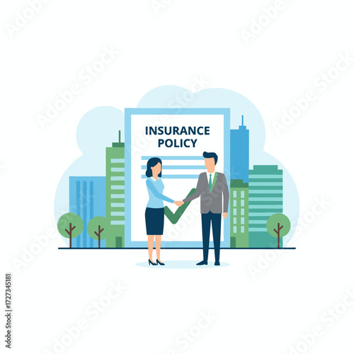 Insurance policy concept: a beautiful woman shaking hands with a businessman in front of an insurance policy