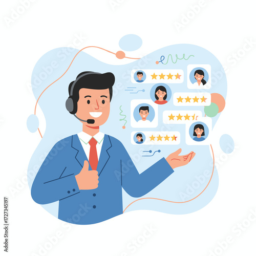 The man listens to customer feedback via headphones