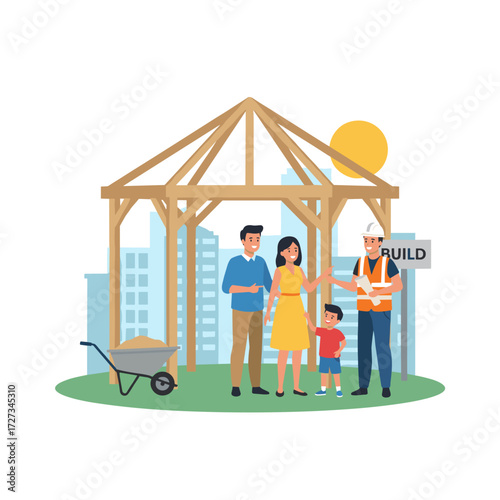Buyers and builders reviewing a job site; create a distinctive illustration for a website, application, or presentation