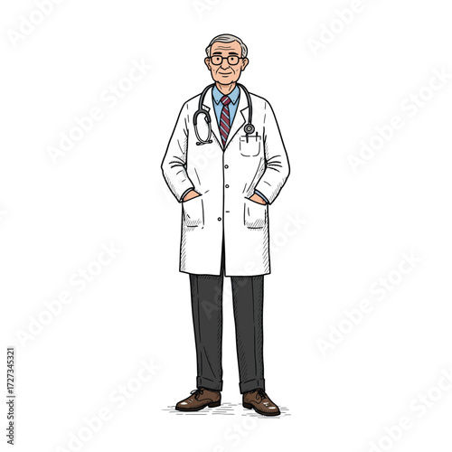 Full-body illustration of a friendly, elderly male doctor wearing a white lab coat and a stethoscope, standing with hands in pockets.