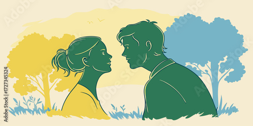 Young couple in love looking at each other in the park