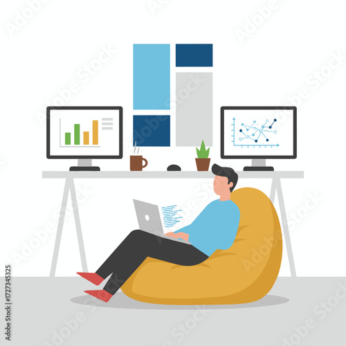 A flat vector illustration of a software developer character, ready for use in web banners, infographics, and hero images, isolated on a white background