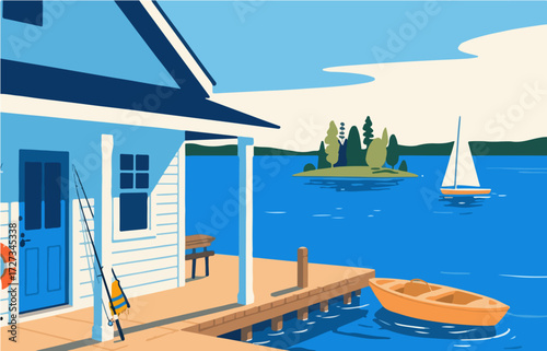 American style rural residential architecture and scenery, vector graphics