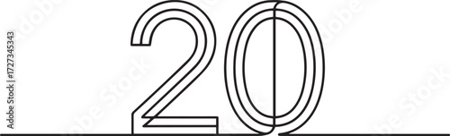 Minimalist continuous single line drawing of number 20 in modern geometric black and white style with clean vector design