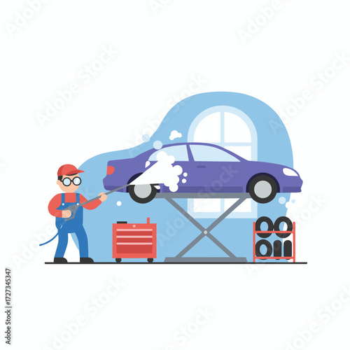 Concept of a flat vector illustration of a car washing service, isolated on a white background