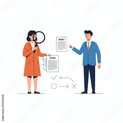 HR managers are searching for employees, as male and female recruiters with magnifying glasses sift through CVs to find the best candidates for the recruitment agency