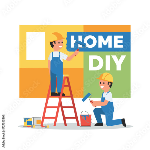 Illustration concept of a construction worker painting a wall, presented as a flat illustration on a white background