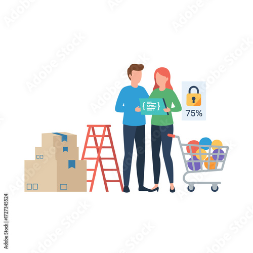 Illustration concept of a businessman inspecting product quality on a white background