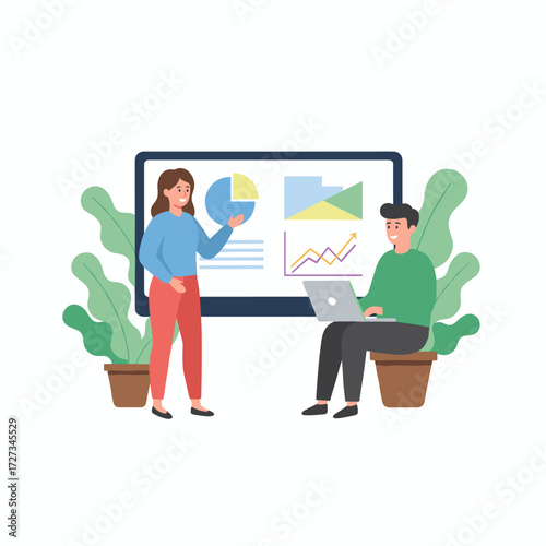 Business leader and team examine the business growth chart