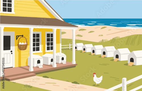 American style rural residential architecture and scenery, vector graphics