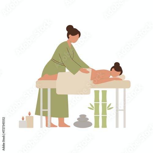 A professional female massage therapist character is giving an exotic massage to a happy, smiling woman