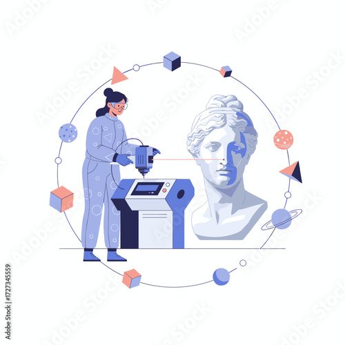 A contemporary artist shapes a 3D model using VR simulation glasses