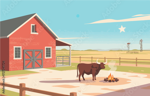 American style rural residential architecture and scenery, vector graphics