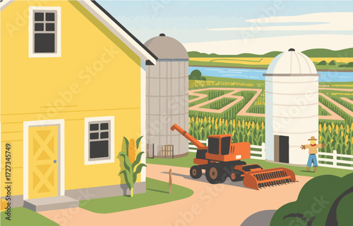 American style rural residential architecture and scenery, vector graphics