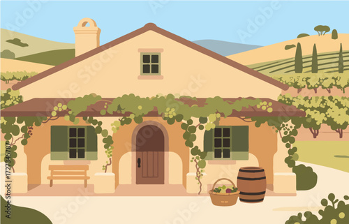 American style rural residential architecture and scenery, vector graphics