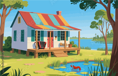 American style rural residential architecture and scenery, vector graphics