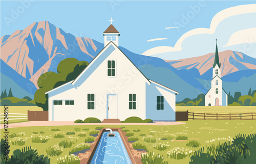American style rural residential architecture and scenery, vector graphics