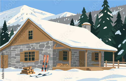 American style rural residential architecture and scenery, vector graphics