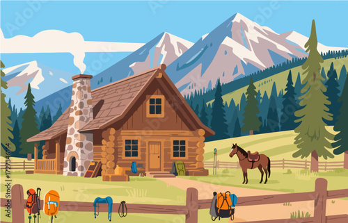 American style rural residential architecture and scenery, vector graphics