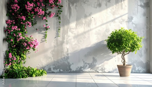 Sunlit interior with potted green tree and flowering vine against textured wall.