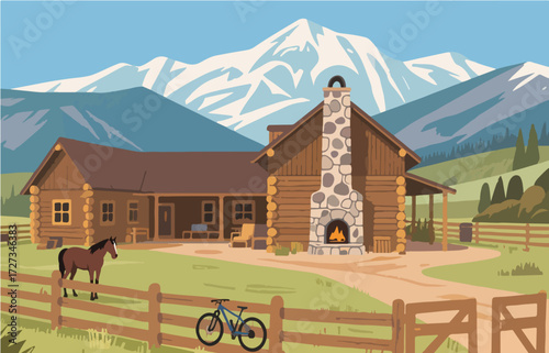 American style rural residential architecture and scenery, vector graphics