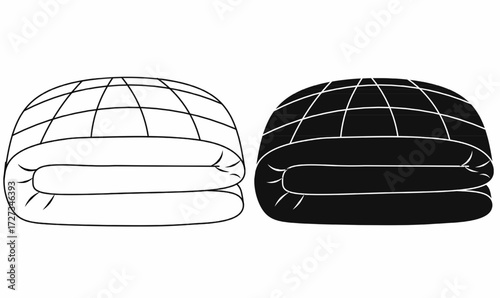 Vector duvet icon set in outline and silhouette style, folded quilt blanket bedding, soft comforter symbol for bedroom, sleep, hotel, textile, household design use.