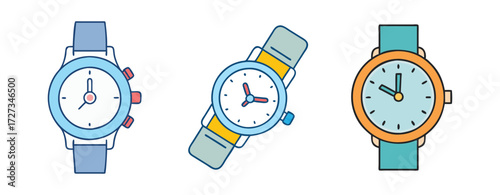 Colorful wristwatch icons isolated on white, Set of three colorful wristwatch illustrations with different designs and straps, isolated on white background for time and fashion concepts.
