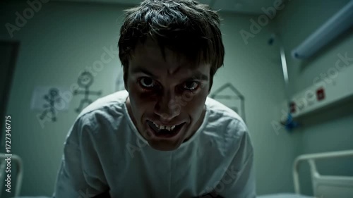 Wallpaper Mural Terrifying portrait of a deranged man in a psychiatric hospital, his face twisted in an aggressive, insane snarl Torontodigital.ca