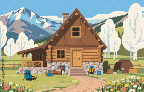 American style rural residential architecture and scenery, vector graphics