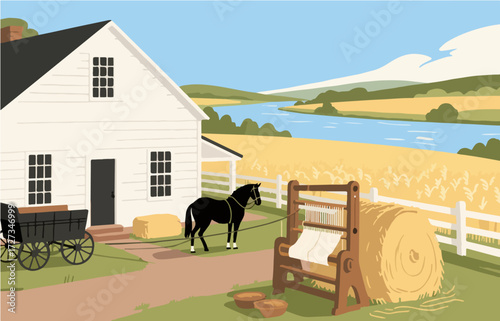 American style rural residential architecture and scenery, vector graphics