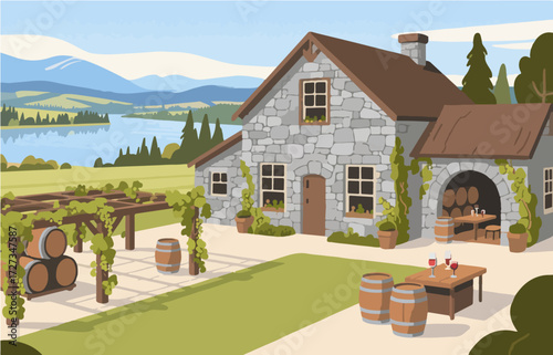 American style rural residential architecture and scenery, vector graphics