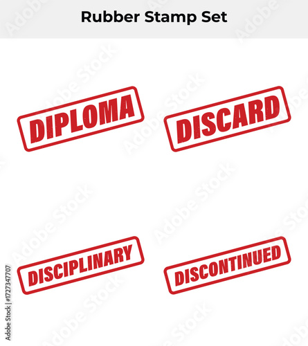 Rubber Stamp Set with Diploma, Discard, Disciplinary and Discontinued on White