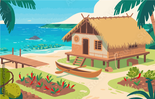 American style rural residential architecture and scenery, vector graphics