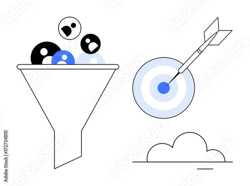 Funnel with figures moving through, arrow hitting bullseye on target, cloud beneath. Ideal for marketing, goal setting, strategy, customer care, analytics, conversion teamwork in simple flat