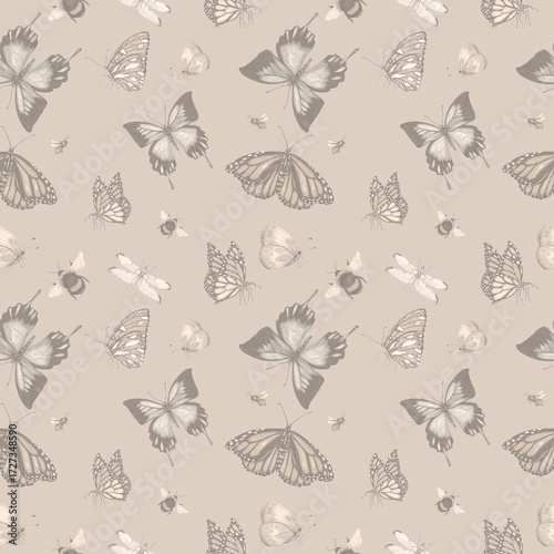 Seamless pattern with butterflies. Hand drawn watercolor illustration.